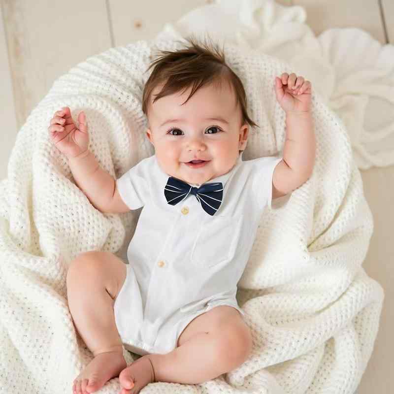 ロンパース ベビー 男の子 紳士 フォーマル 半袖 白シャツ 蝶ネクタイ 綿 お宮参り 出産祝い 誕生日 記念日 夏服 ホワイト ボディスーツ
