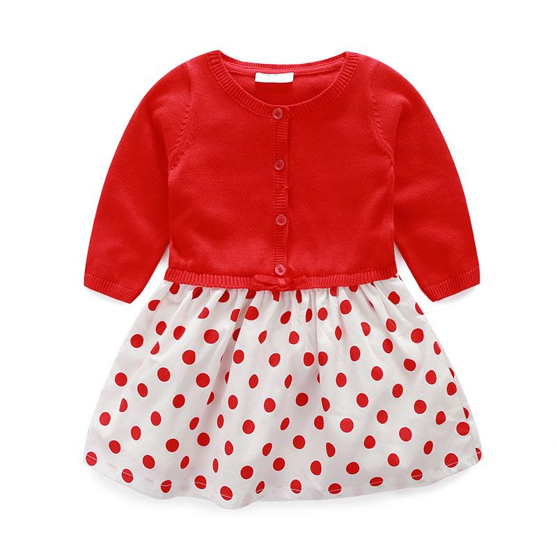 ワンピース 女の子 ガールズ ベビー キッズ 幼児 長袖 ニット 切り替え ドット柄 水玉 プリンセスドレス Aライン リボン レース 綿 コットン 柔らか 裏地付き 1歳 誕生日 お呼ばれ フォーマル 普段着 春秋 レッド 赤