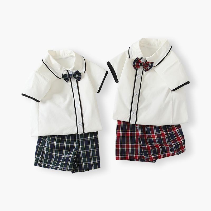 キッズセットアップ 男の子 ベビー 春夏 綿 半袖 ショートパンツ カレッジ風 カジュアル チェック ストライプ柄 2点セット 薄手 レッド グリーン