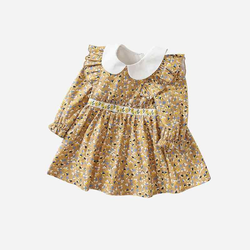 ワンピース キッズ 女の子 プリンセス 小花柄 襟付き フリル 長袖 Aライン コットン 田園風 春秋 ベビー 幼児向け 柔らかい肌触り 普段使い お出かけ