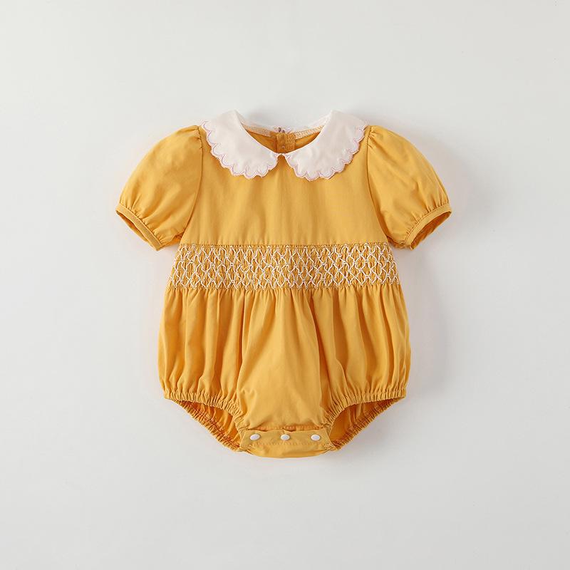 ベビー服 女の子 新生児 ロンパース カバーオール ボディスーツ 赤ちゃん 0歳 1歳 半袖 ショートスリーブ 綿 コットン 薄手 通気性 吸湿性 ギャザー 前開き ボタン留め オレンジ 春夏 韓国 カジュアル
