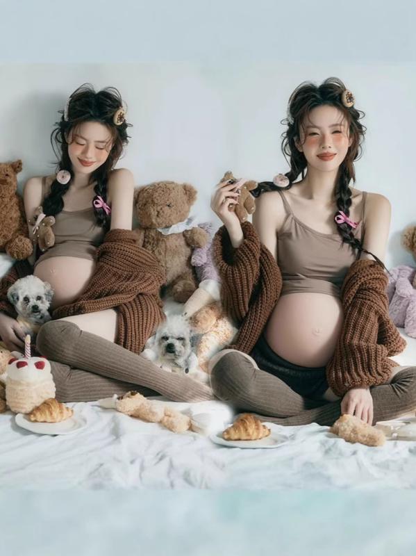 セットアップ レディース マタニティ 韓国 ニット コーヒーブラウン 長袖 マタニティフォト 記念撮影 妊婦ウェア 高級感 春 ポリエステル素材 カジュアル