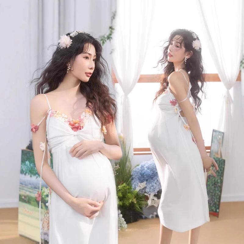 ドレス 妊婦 マタニティ マタニティフォト 撮影衣装 アートフォト レトロ 新チャイナ風 高級感 エレガント フォーマル ロング丈 ノースリーブ 花柄 ポリエステル フェミニン 秋