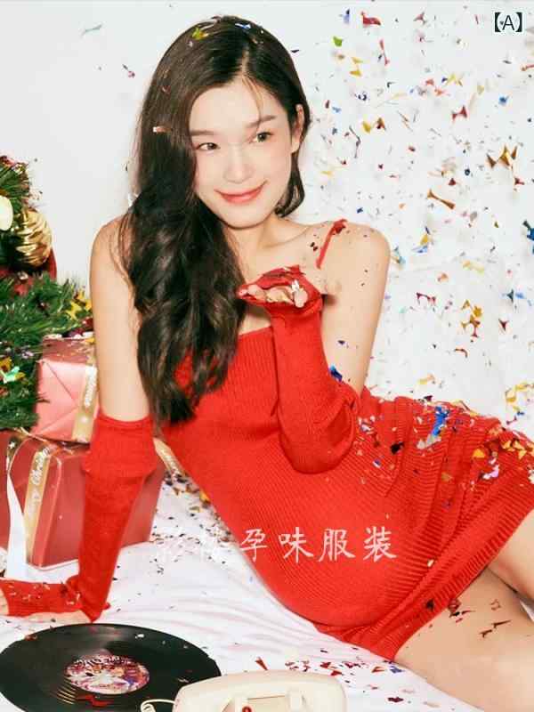 マタニティフォト 衣装 妊婦向け 撮影服 レトロ ヴィンテージ風 スタジオ撮影 お正月 新年テーマ 赤 レッド セクシー ショート丈 タイト ノースリーブ スクエアネック ウール混 ポリエステル 冬