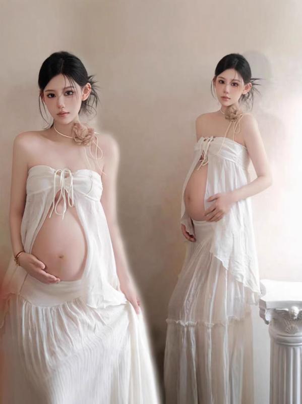 マタニティ衣装 レディース フレンチレトロ 純欲系 マタニティフォト 妊婦写真 記念撮影 スカート セットアップ ノースリーブ ロング丈 おうちフォト スタジオ撮影 エレガント 上品 かわいい