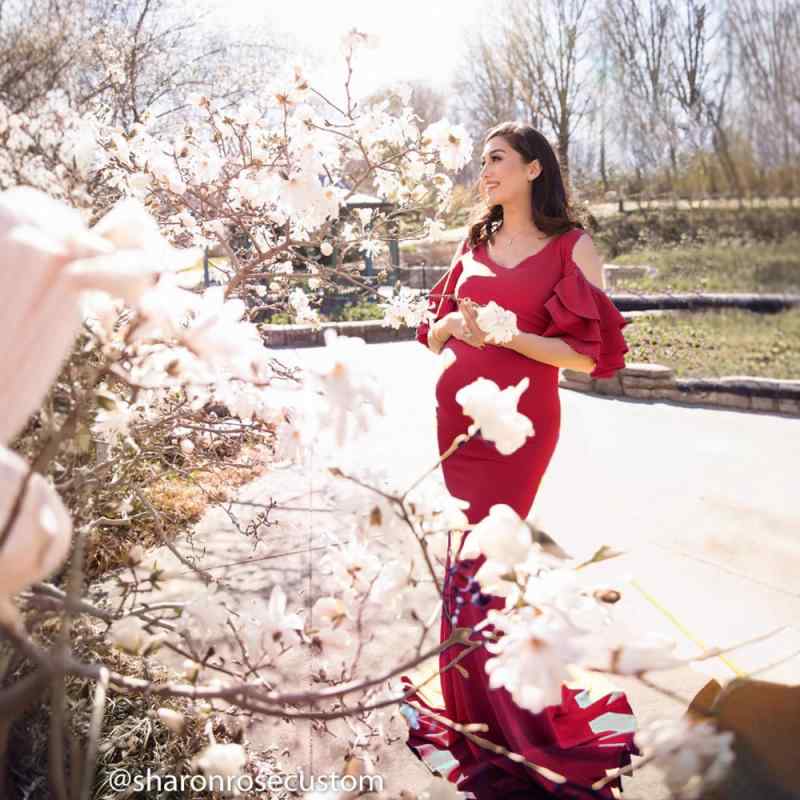 ワンピース レディース マタニティ 妊婦服 トレーン ロングワンピース 無地 Vネック フリル襟 フレアスリーブ 5分袖 ハイウエスト 切り替え ストレッチ 伸縮性 アセテート繊維 ワインレッド ブルー系 エレガント 上品 春夏