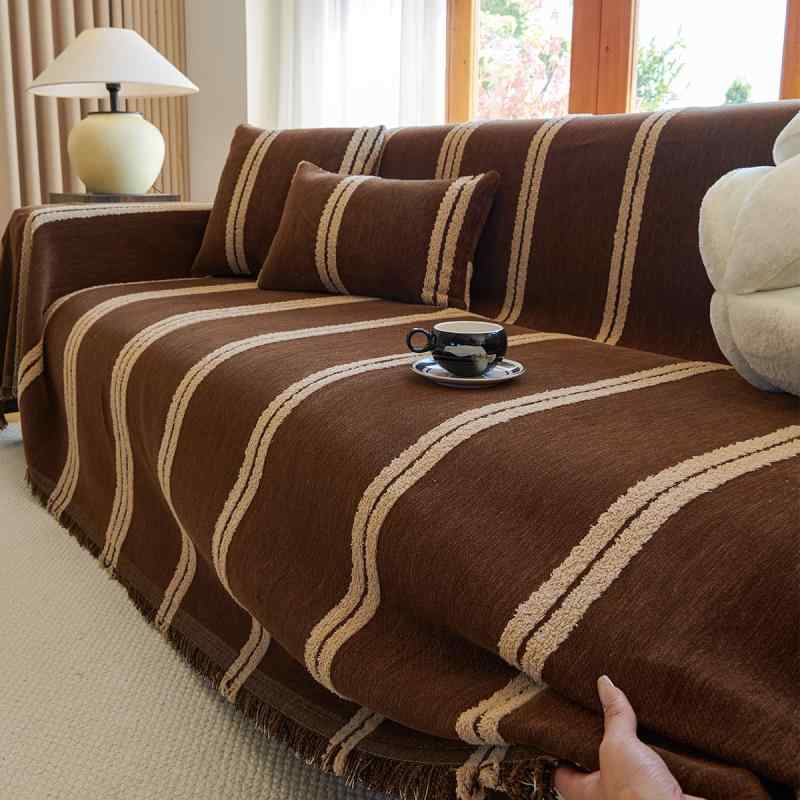 ソファカバー スロー マルチカバー ブランケット パッド オールシーズン 秋冬 シェニール ストライプ ボーダー 全面 L字型 コーナー 保護 シンプル モダン 高級感 ブラウン ブラック ホワイト
