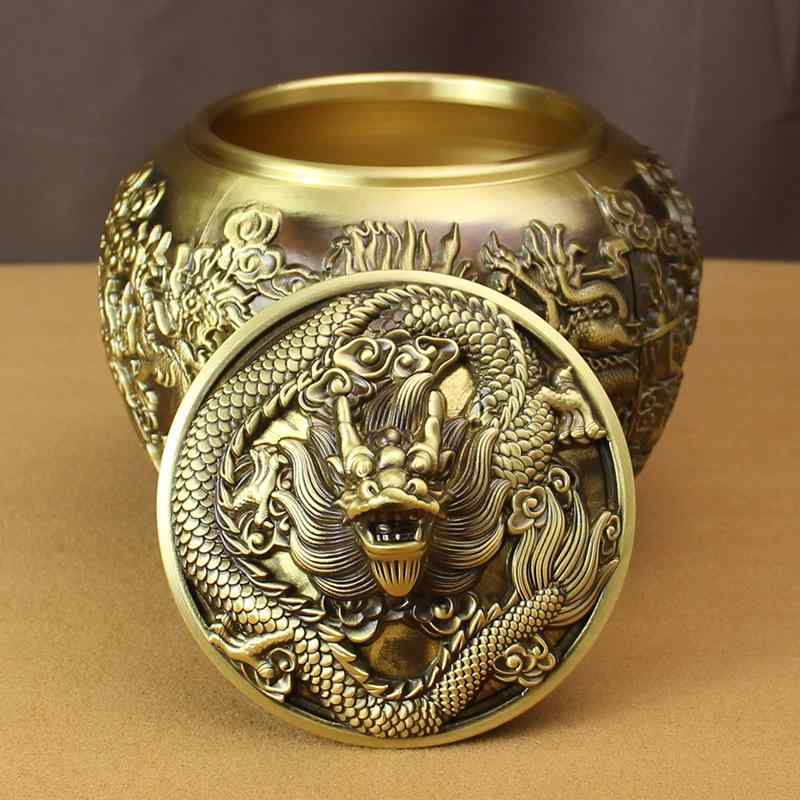 茶筒 銅製 金管楽器 九龍紋様 茶葉入れ 大電気容量 小電気容量 卓上 飾り付け 室内装飾 作物品 事務室 リビング 和室 中華風