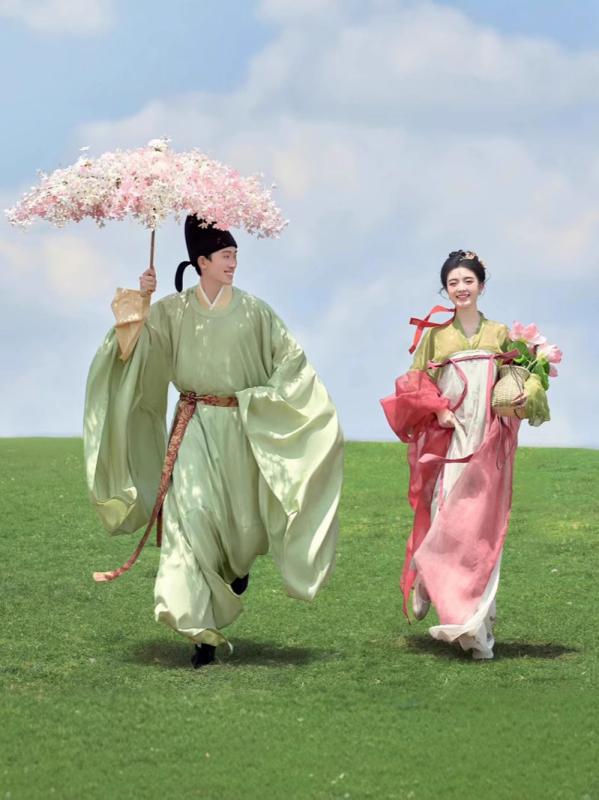漢服 ペア 結婚写真 前撮り ウェディングフォト 衣装 フォトスタジオ用 かわいい さわやか フェミニン ガーリー パステルグリーン ポリエステル コスチューム|おうち健康生活