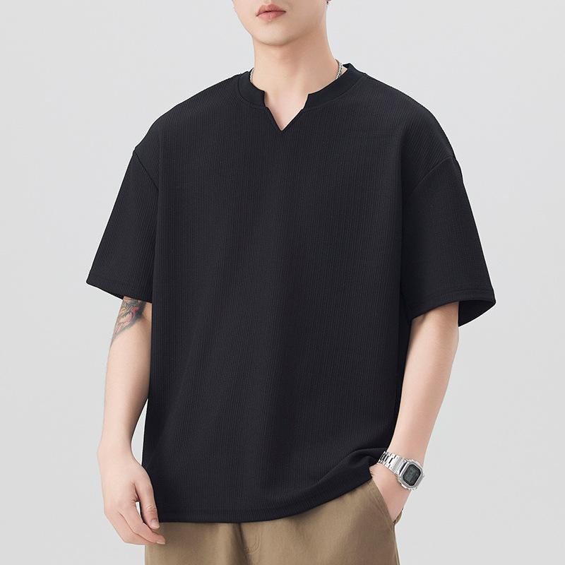 Tシャツ メンズ 白 半袖 Vネック ゆったり ドロップショルダー テクスチャー感 薄手 接触冷感 コットンブレンド 無地 通気性 吸湿速乾 カジュアル 普段使い 春夏