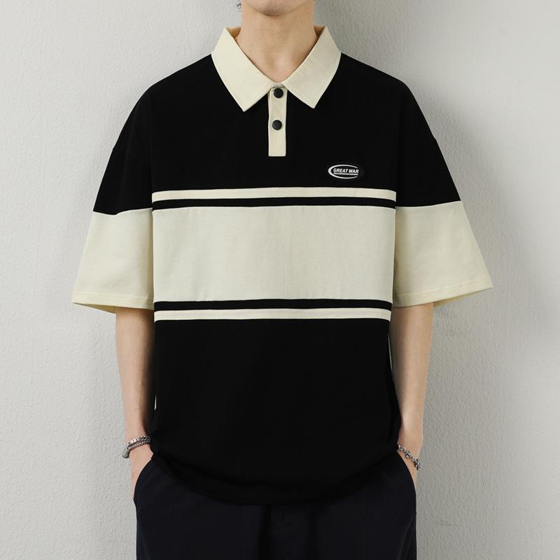 POLOシャツ メンズ 男性用 ストライプ ゆったり ルーズフィット 薄手 カジュアル 春夏 デイリー ポリエステル 刺繍 韓国ファッション ストリート系 五分袖 ホワイト グレー ブラック