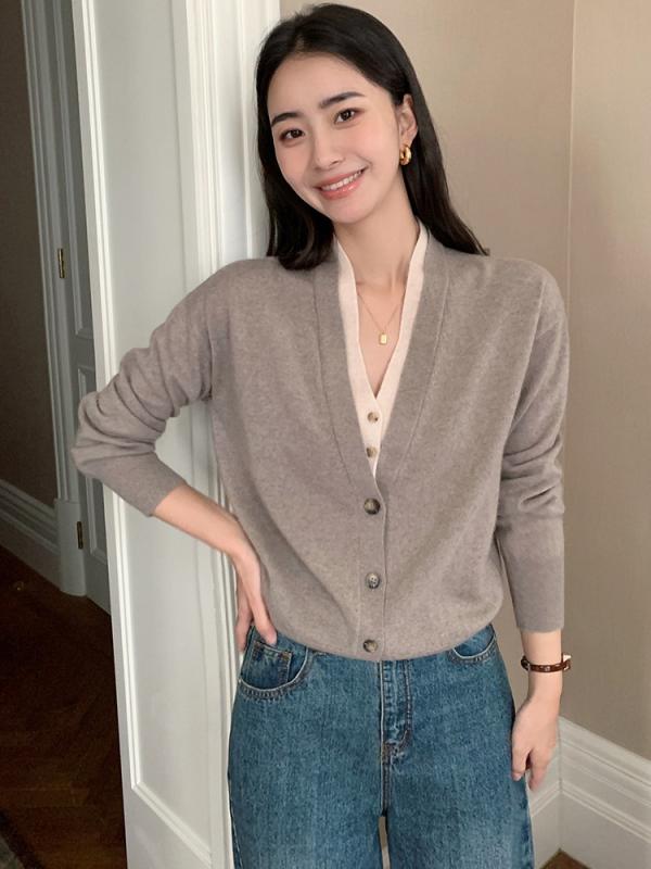 ニット レディース Vネック 切り替え ゆったり 長袖 カーディガン フェイクレイヤード トップス 秋冬 通勤スタイル カジュアル 厚手 ボタン キャメル ブラック｜おうち健康生活