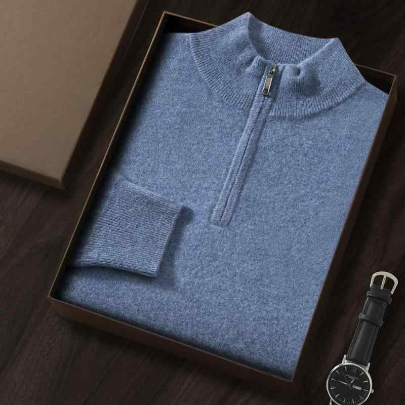 ニット 男性用 秋冬 上質 モックネック ジップアップ スタンドカラー 長袖 ゆったり 厚手 保温性 重ね着 カジュアル 無地｜おうち健康生活