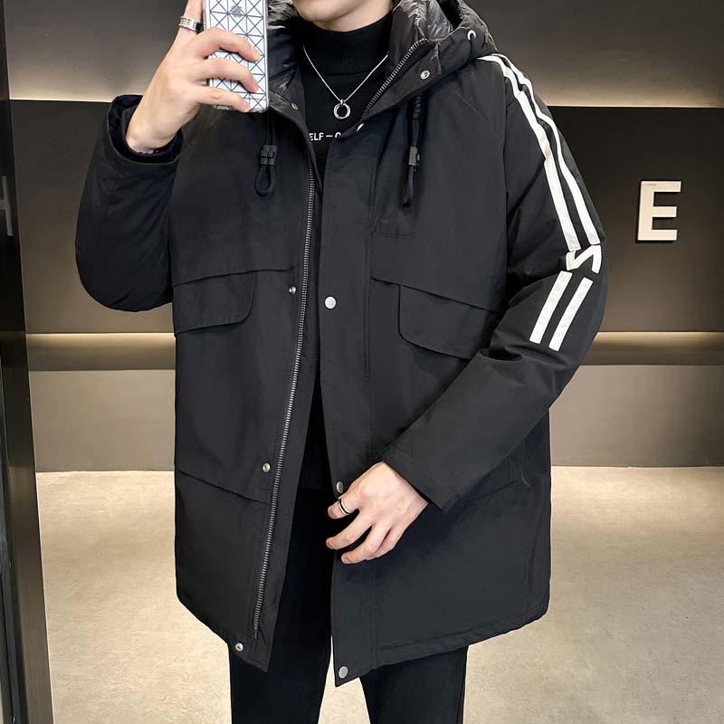 中綿ジャケット メンズ 男性用 秋冬 冬物 防寒 ビッグシルエット ゆったり ミドル丈 スタンドカラー 厚手 暖か ワークスタイル カジュアル アメカジ 普段使い 多機能ポケット ジップアップ 切り替え ストライプ柄 コットン ポリエステル