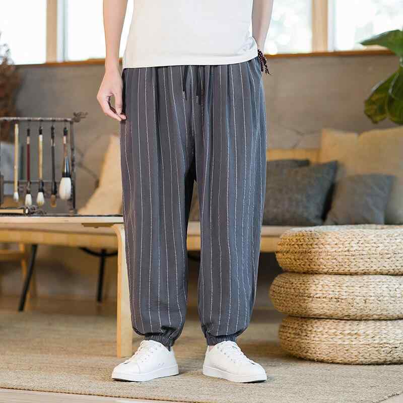 パンツ メンズ 麻 リネン ストライプ柄 ワイド サルエル 9分丈 クロップド丈 ゆったり ルーズ 大きいサイズ ビッグサイズ チャイナ風 オリエンタル カジュアル 普段使い リラックスウェア
