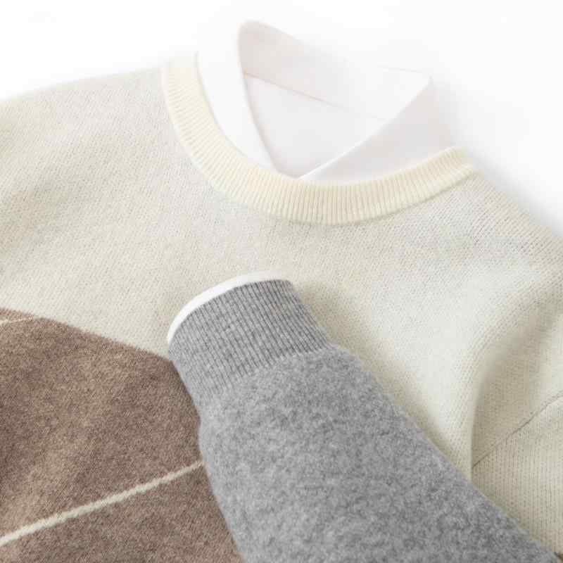 セーター メンズ 秋冬 クルーネック 厚手 ウール 羊毛素材 切り替え 配色 ゆったり ビッグシルエット 長袖 通気性 プルオーバー カジュアル ニットトップス