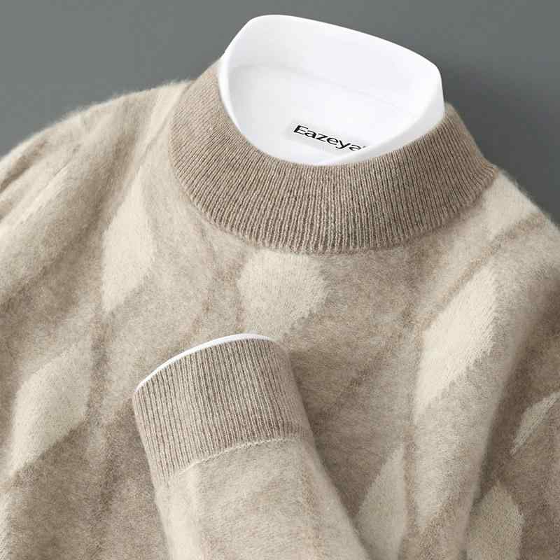 セーター メンズ 秋冬 ウール ハーフハイネック モックネック ひし形 ジャガード 厚手 プルオーバー ルーズフィット ゆったり カジュアル 配色切り替え トップス 防寒|おうち健康生活