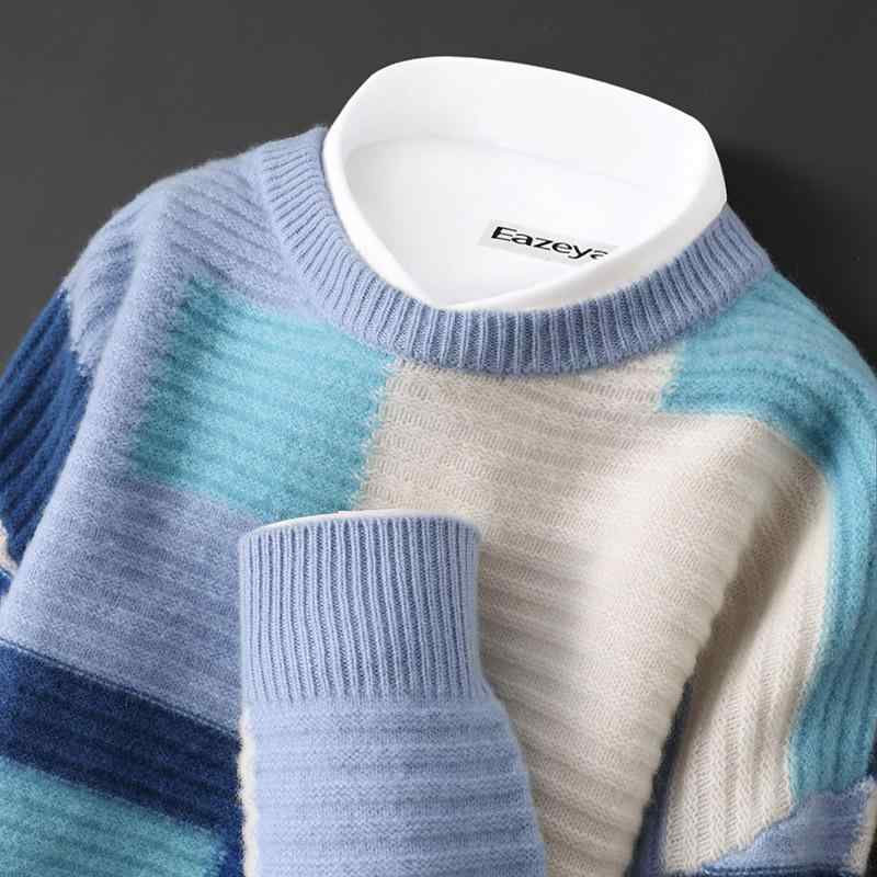 ニット メンズ 秋冬 ウール 厚手 クルーネック 切り替え ジャガード セーター ゆったり ルーズフィット 普段使い カジュアル 長袖 プルオーバー 保温