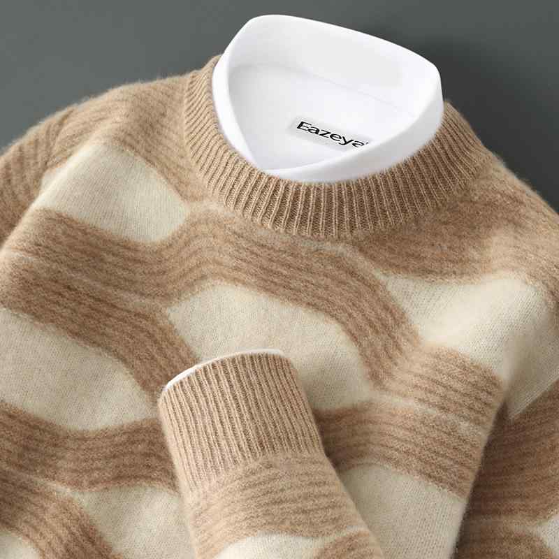 セーター メンズ 男性用 秋冬 上質ウール クルーネック 丸首 切り替え 配色 ジャカード ニット トップス カジュアル 普段使い ルーズフィット ゆるだぼ 長袖 厚手 肉厚 透湿 通気性 色落ちしにくい ブリティッシュスタイル キャメル ブルー グレー 7,697円