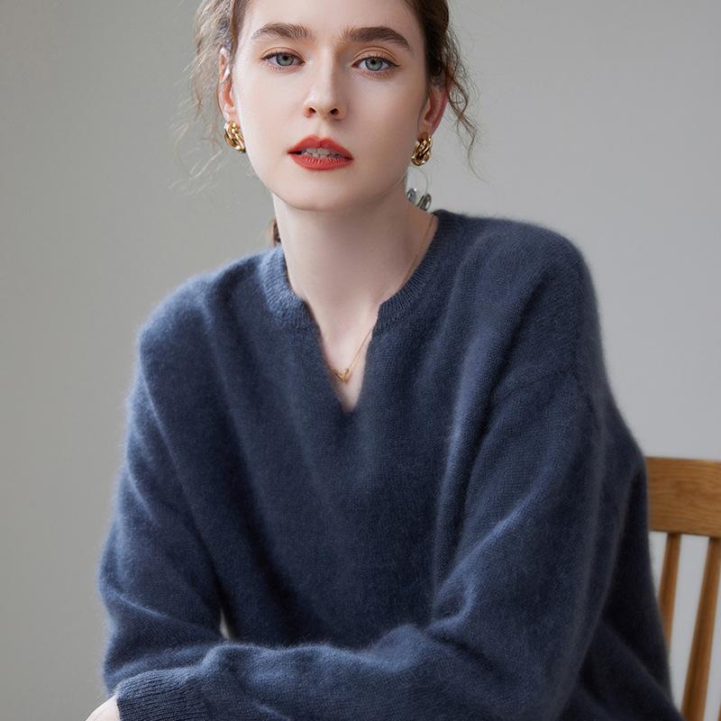 セーター レディース 女性用 Vネック プルオーバー ニット 無地 厚手 ゆったり オーバーサイズ リラックスフィット カジュアル 普段使い デイリーユース グレー ブラウン アイボリー 秋冬