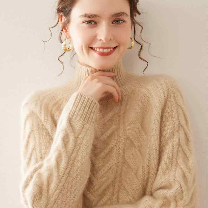 ニット レディース 厚手 ケーブル編み ハイネック 長袖 プルオーバー ゆったり ルーズフィット 体型カバー 保温 暖かい やわらかい 肌触り インナー トップス 秋冬 通勤 オフィス カジュアル ブラック ホワイト レッド キャメル