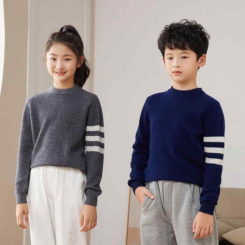 セーター キッズ 男の子 女の子 兼用 ウール 羊毛 ニット クルーネック 丸首 プルオーバー 長袖 ソフトタッチ 厚手 袖口スリーライン カジュアルスタイル 着回し ベーシック 春秋 グレー ネイビー 普段使い 重ね着