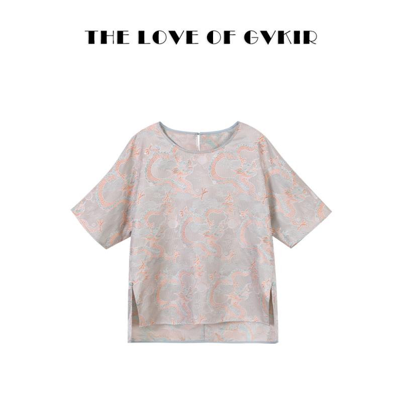 Tシャツ レディース 桑蚕絹 半袖 春夏 新中国風 龍柄 刺繍 ラウンドネック 丸首 ゆったり レトロ 着回し 普段使い グレー