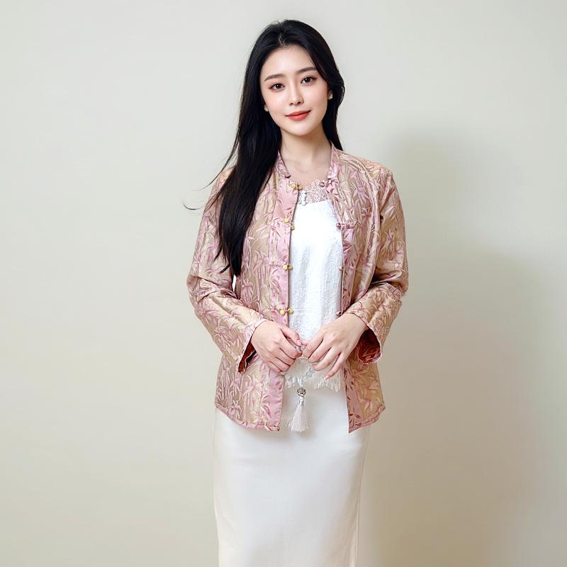 カーディガン レディース 女性用 秋冬 新チャイナスタイル 中国風 レトロ ヴィンテージ風 桑蚕糸 ジャカード織り スタンドカラー 飾りボタン チャイナボタン 長袖 薄手 ゆったり アウター 羽織り ピンク 高級感