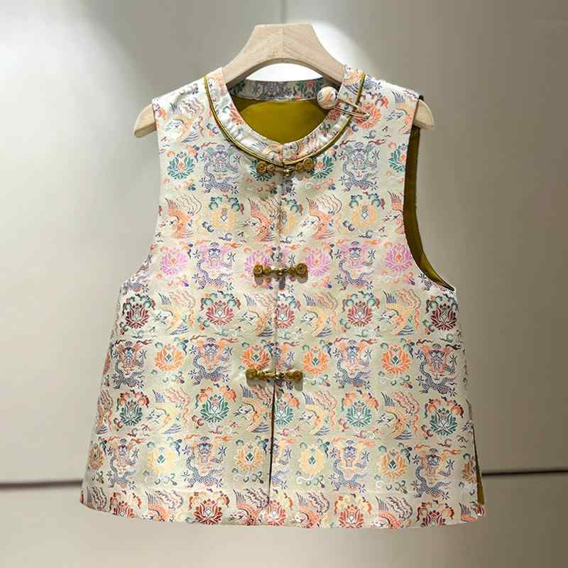 ベスト レディース 女性用 チャイナ風 唐装風 ジャカード 花柄 高級感 上品 エレガント 丸首 ラウンドネック シングルブレスト 前開き ポリエステル 羽織り 通勤 オフィス お出かけ 春夏 トップス