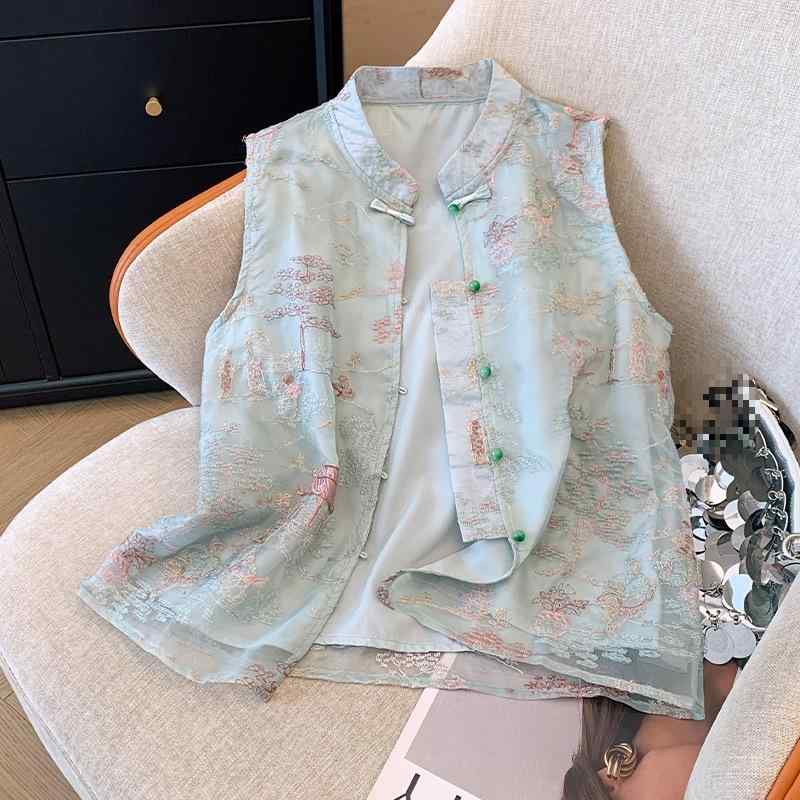 ベスト レディース 春夏 中国風 刺繍 スタンドカラー 立ち襟 レトロ ヴィンテージ風 エレガント 上品 ポリエステル グリーン アプリコット フォーマル お洒落着