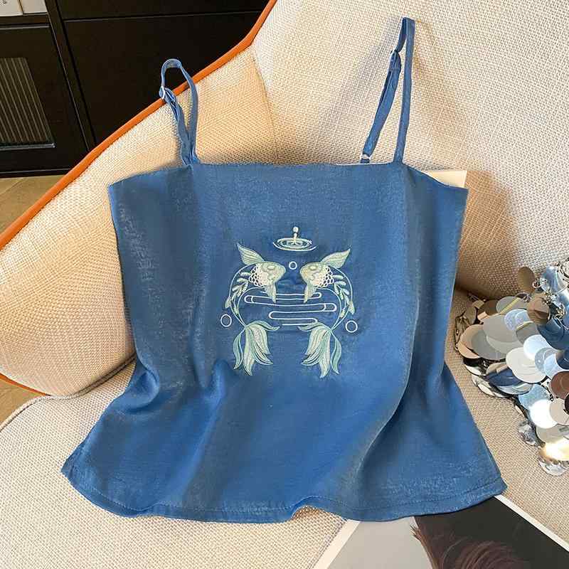 キャミソール レディース 漢服風 古典柄 刺繍 ノースリーブ ショート丈 スリムフィット ストラップ タンクトップ インナー 重ね着 綿 ポリエステル ピーコックブルー 微伸縮 春夏 通勤 普段使い
