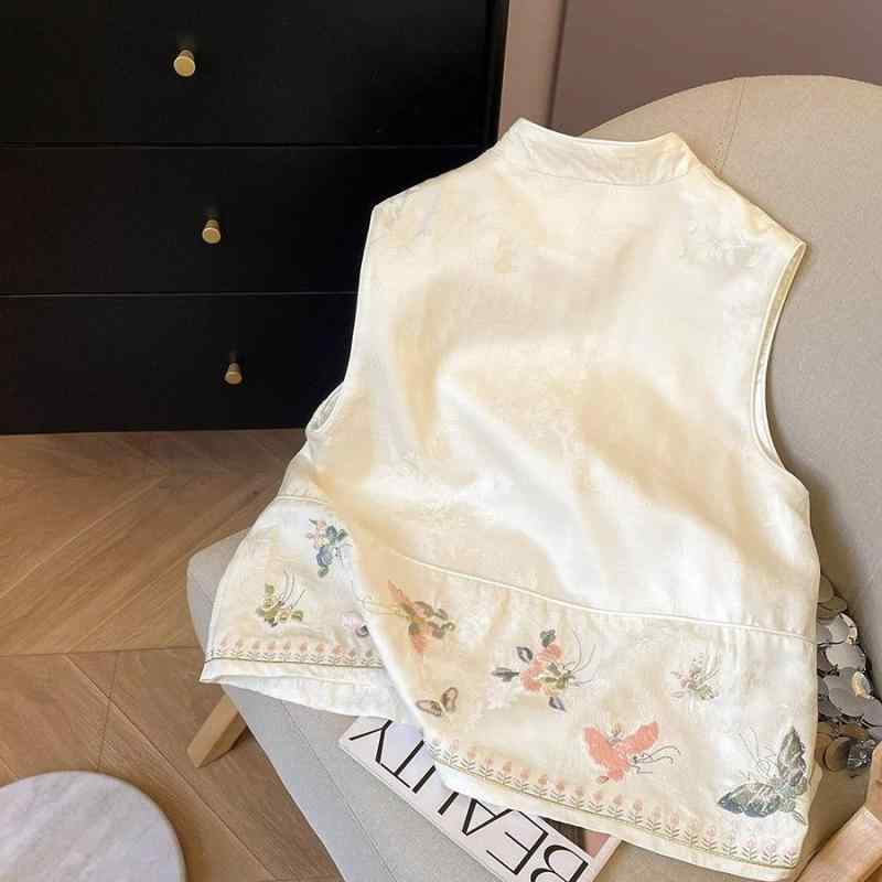 ジレ レディース 女性用 春夏 モダンチャイナ風 スタンドカラー 立ち襟 ジャカード織り柄 刺繍 チャイナボタン 切り替え レトロ エレガント ポリエステル 普段使い お出かけ