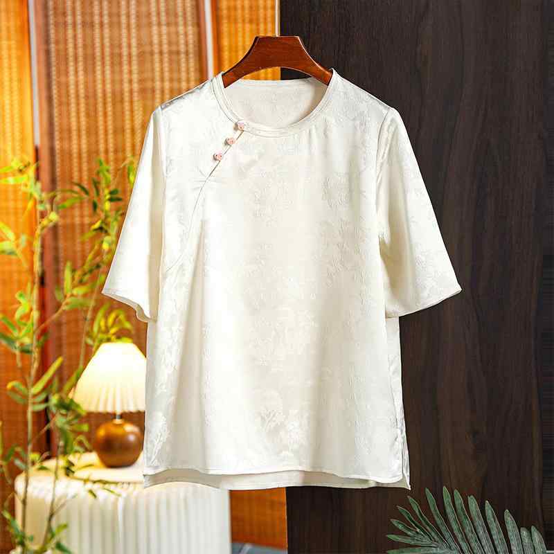 Tシャツ レディース チャイナ風 中国風 民族風 エレガント 高級感 文芸レトロ 小柄向け 低身長 五分袖 丸首 レギュラーフィット ポリエステル ライトアプリコット 春夏 普段使い