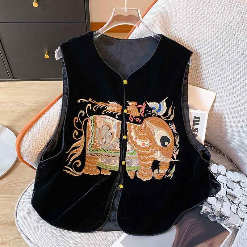 ベスト レディース オリエンタル ベロア 重厚刺繍 ジレ トップス 黒 ブラック 丸首 前開き 羽織り 上品 エレガント きれいめ カジュアル 春秋