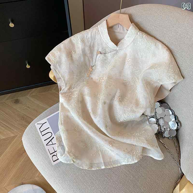 シャツ レディース ニューチャイニーズスタイル チャイナ風 半袖 ブラウス 刺繍 アプリコット 斜め襟 スタンドカラー エレガント 上品 ポリエステル トップス 通勤 オフィス 夏