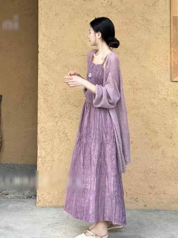 ワンピース レディース 秋 きれいめ エレガント 上品 着痩せ 肌映え パープル ノースリーブ ミモレ丈 カーディガン 羽織り パフスリーブ セットアップ ポリエステル 着回し 無地 大人カジュアル 通勤