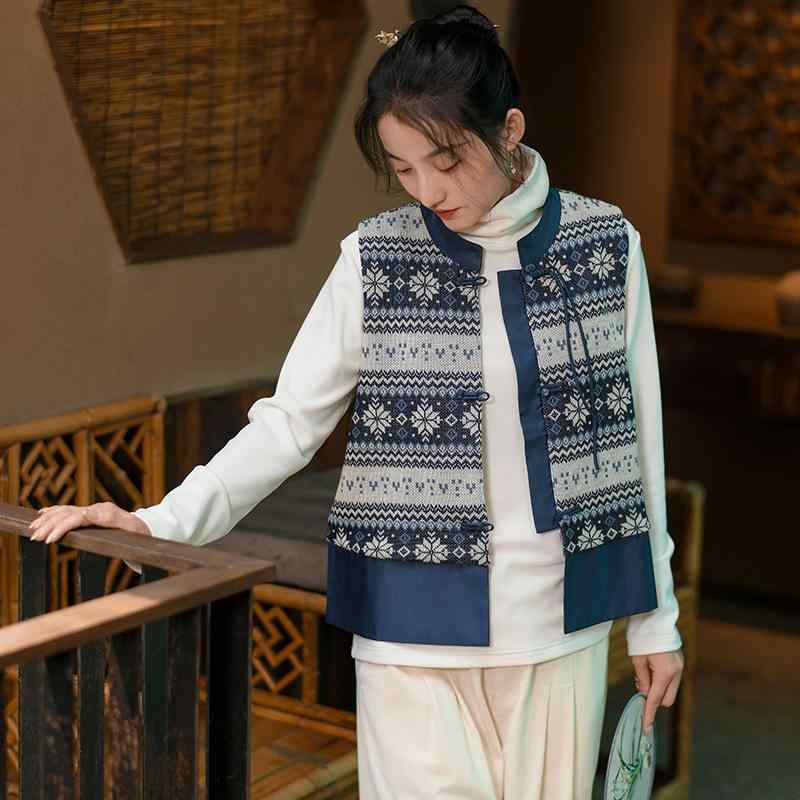 ベスト レディース ネオチャイナスタイル ジレ 中国風 レトロ モダン スタンドカラー 前開き ノースリーブ トップス 上品 エレガント 秋冬 普段使い お出かけ 綿混