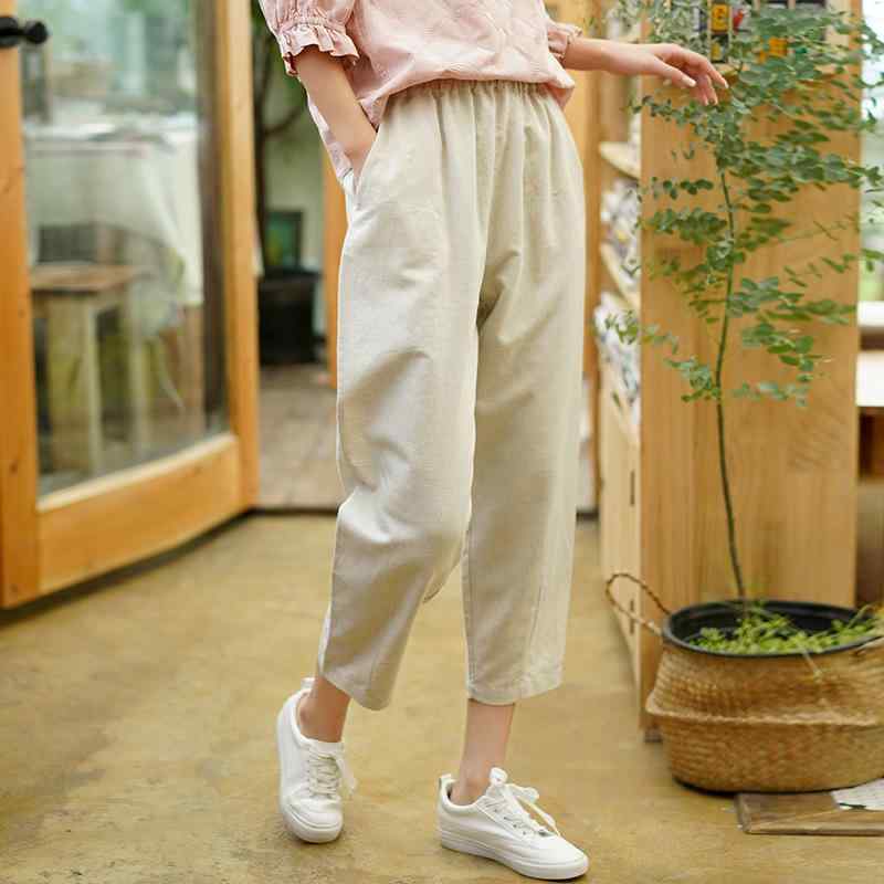 テーパードパンツ レディース 女性用 コットンリネン 綿麻 ボトムス 春夏 薄手 ハイウエスト ゆったり ルーズ リラックス 九分丈 クロップド丈 着痩せ 細見え 体型カバー カジュアル レトロ 文芸風 洗い加工 普段使い デイリーユース