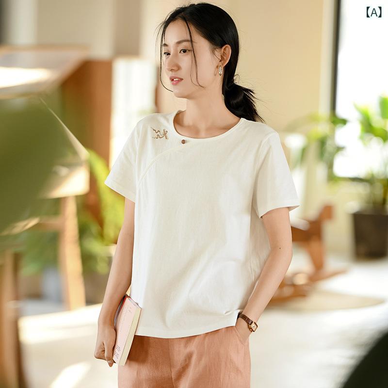 Tシャツ レディース 春夏 レトロ チャイナ風 刺繍 丸首 クルーネック 半袖 コットン トップス カットソー アイボリー スモーキーブルー 赤茶 普段使い お出かけ カジュアル おしゃれ かわいい