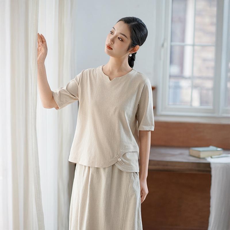 Tシャツ レディース 女性用 ネオチャイナ チャイナボタン 五分袖 綿麻 ヘンプコットン素材 レトロ クラシック 丸首 クルーネック プルオーバー トップス 春夏 普段使い カジュアル オレンジ系 グレー