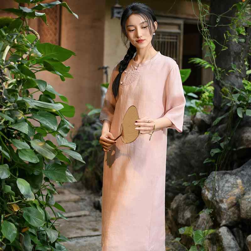 ワンピース レディース レトロ 春夏 麻 刺・墸 新チャイナスタイル チャイナドレス 中国風 茶服 Aライン ロング丈 マキシ丈 スタンドカラー 五分袖 ゆったり エレガント 上品