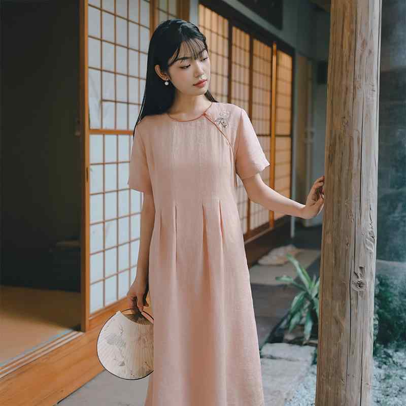 ワンピース レディース 新チャイナ風 春夏 ストーンウォッシュ加工 ラミー麻 半袖 ロング丈 Aライン ハイウエスト 刺繍 クルーネック 花柄 植物柄 レトロ 上品 エレガント