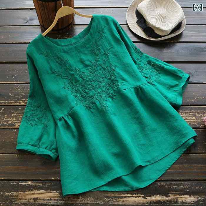 Tシャツ レディース 女性用 綿95% コットン レトロ エスニック 民族調 文芸風 刺繍 半袖 ラウンドネック 丸首 クルーネック 大きいサイズ ゆったり ビッグシルエット 体型カバー 秋 トップス