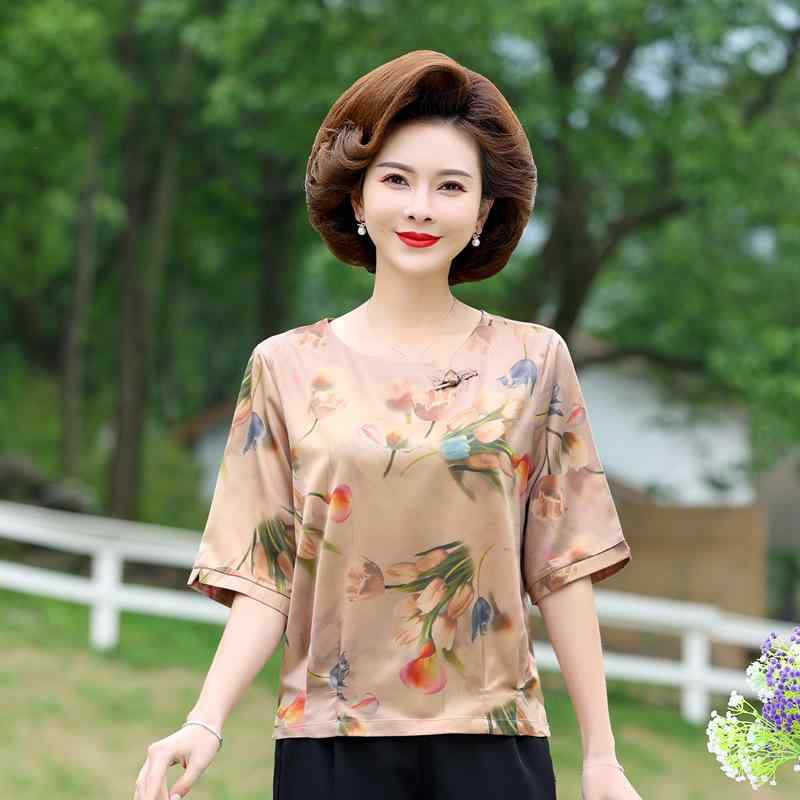 Tシャツ レディース ミセス ママ 夏物 シフォン ブラウス 半袖 トップス ゆったり クルーネック 丸首 プリント エレガント 上品 通勤 普段使い ポリエステル素材 カーキ グリーン 普通丈