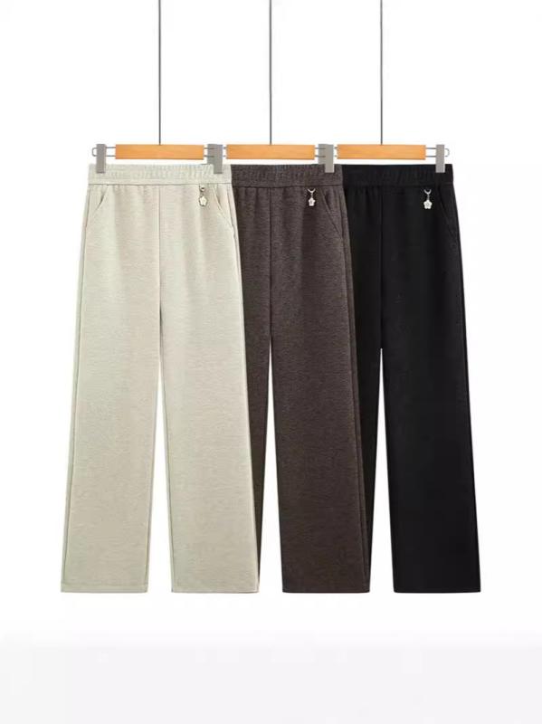 パンツ レディース ママ ミセス 春秋 羊毛混 ポリエステル ストレートパンツ ロング丈 ゆったり ハイウエスト ウエストゴム 薄手 カジュアル きれいめ 通勤 オフィス 着回し 普段使い 上質 高級感 伸縮性 ブラック ホワイト ブラウン