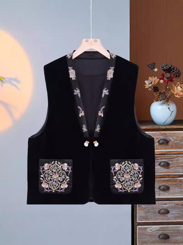 ベスト レディース 中華風 民族調 刺繍 ベロア ポリエステル 植物柄 花柄 レトロ エレガント ヴィンテージ風 上品 シック 大人 ノースリーブ 前開き ワンボタン ラウンドネック ゆったり ミドル丈 着回し 秋冬
