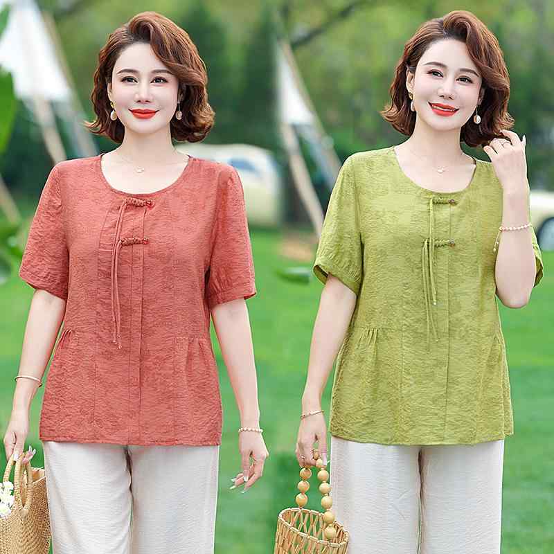 Tシャツ レディース ミセス 50代 女性用 中国風 チャイナ風 エスニック レトロ ポリエステル 半袖 ラウンドネック プリント柄 ブラウス風 トップス 春夏 上品 おしゃれ着 普段使い