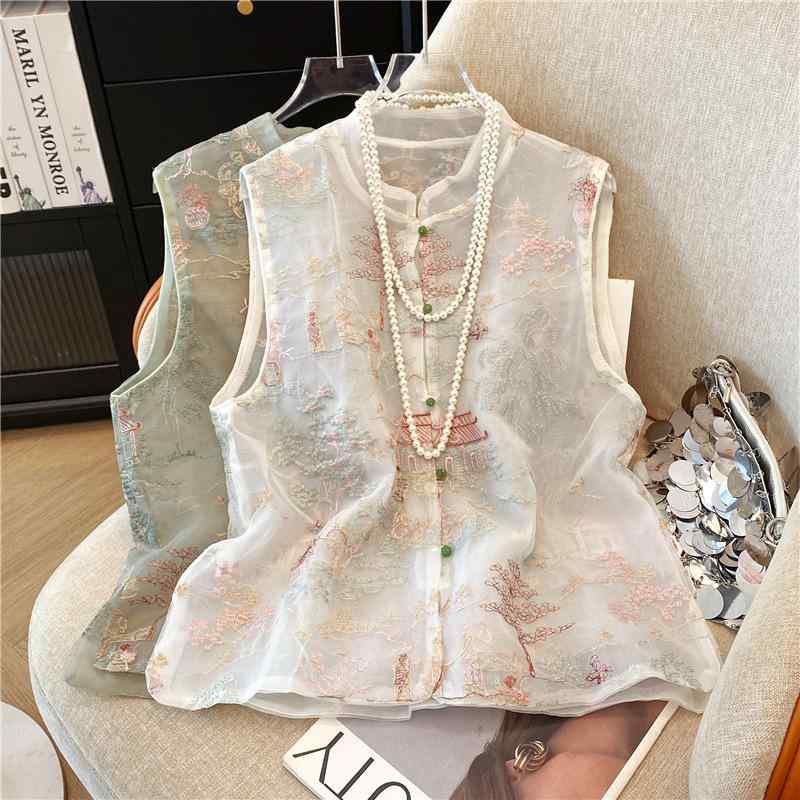 ベスト レディース 夏 ネオチャイニーズスタイル 中国風 レトロ 禅スタイル 茶会服 チャイナボタン 刺繍 ポリエステル ホワイト グリーン 丸首 ジレ ノースリーブ 上品 エレガント 普段使い