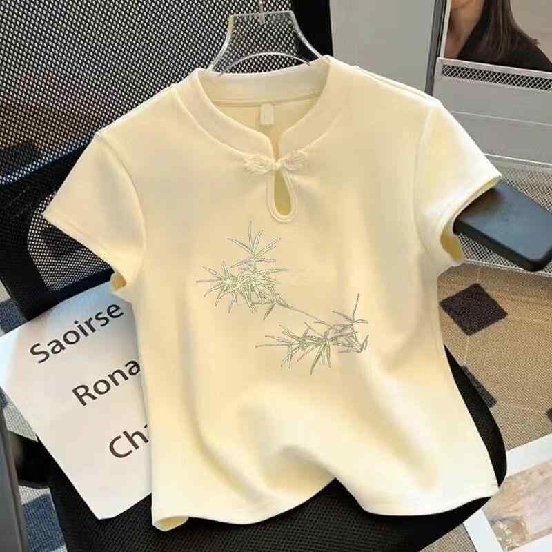 Tシャツ レディース ネオチャイナ 上品 大人可愛い 若見え 盤扣 刺繍 ショート丈 半袖トップス ラウンドネック スリムフィット ポリエステル素材 着回し 春夏