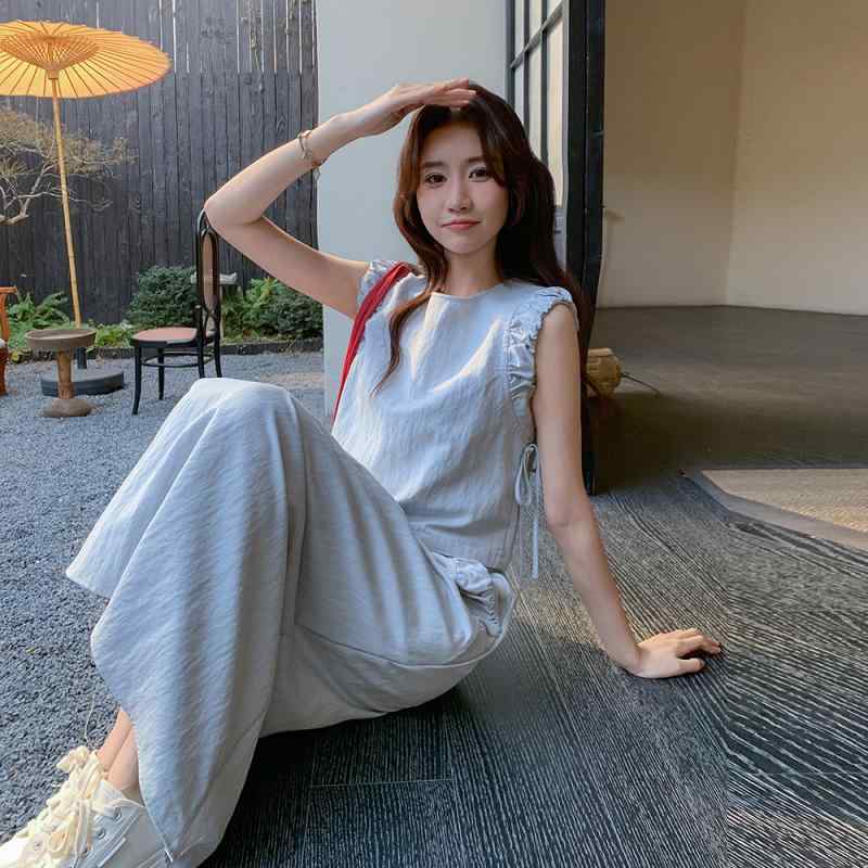 セットアップ レディース 女性用 韓国 シンプル 無地 切り替え ノースリーブ トップス ミディ丈 フレア ポリエステル コットン 2点セット ツーピース ライトブルー フェミニン 春夏